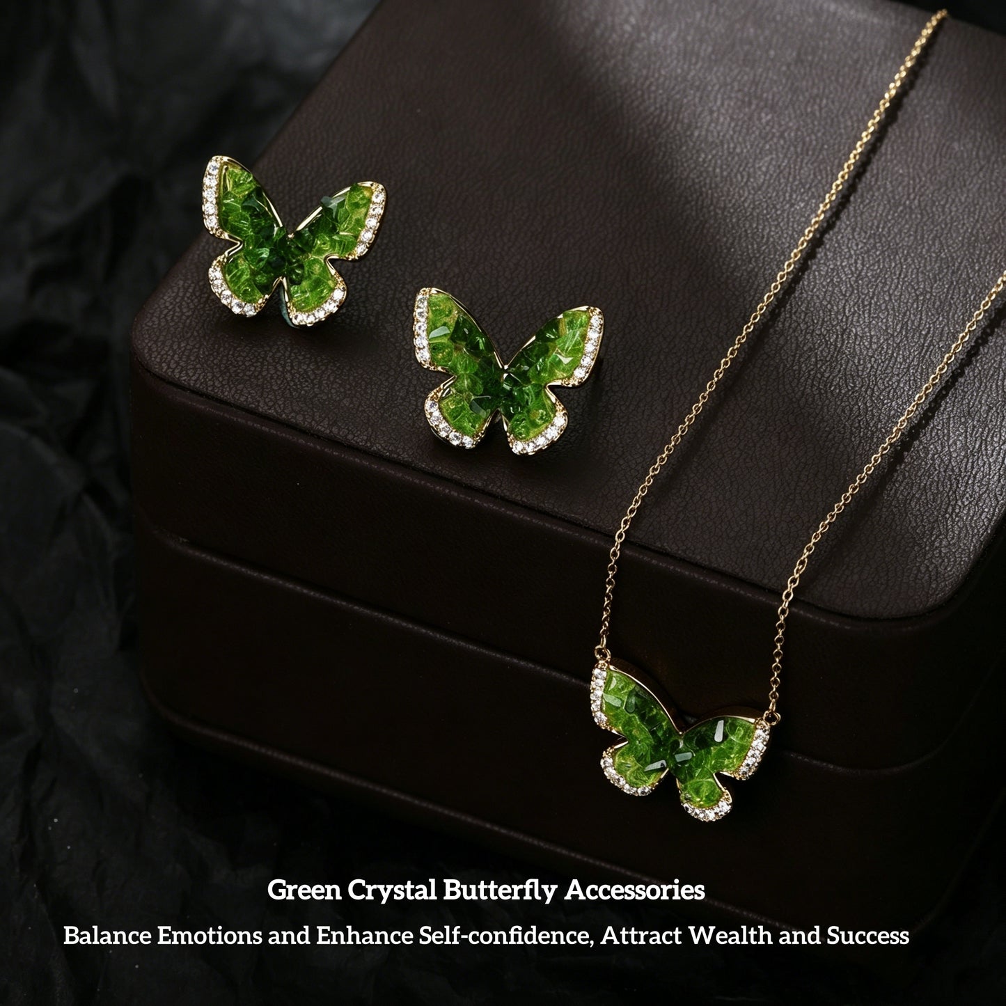 YEATMUE Crystal Butterfly Pendant Necklace and Earring Stud Set, Green Butterfly, 14K Gold Plated Brass Chain, Adjustable Length, Gold Necklace for Women