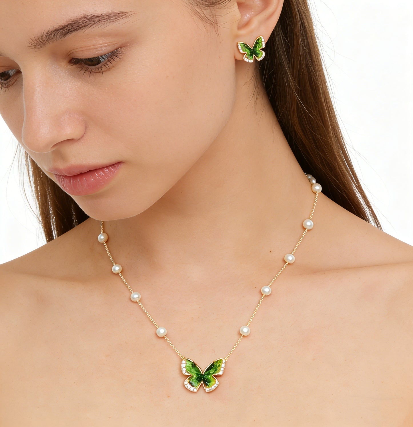 YEATMUE Crystal Butterfly Pendant Necklace and Earring Stud Set, Green Butterfly, 14K Gold Plated Brass Chain, Adjustable Length, Gold Necklace for Women