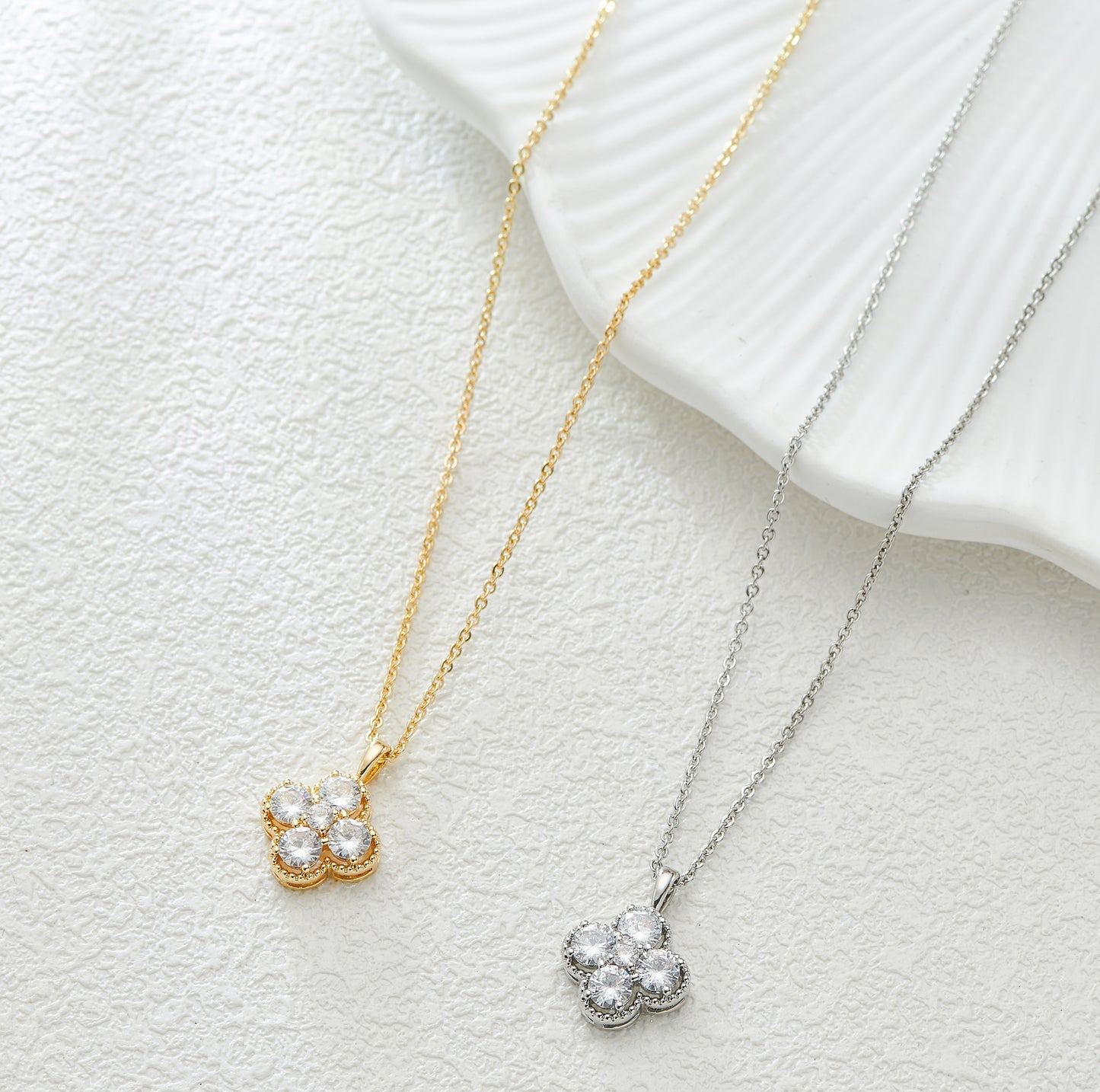 Clover Zircon Necklace and Earrings Set-Gold/Silver