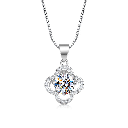 1 CT Moissanite Pendant Necklace 18K White Gold 925 Sterling Silver Plated Four Leaf Clover Pendant Necklace for Women Wife Mom