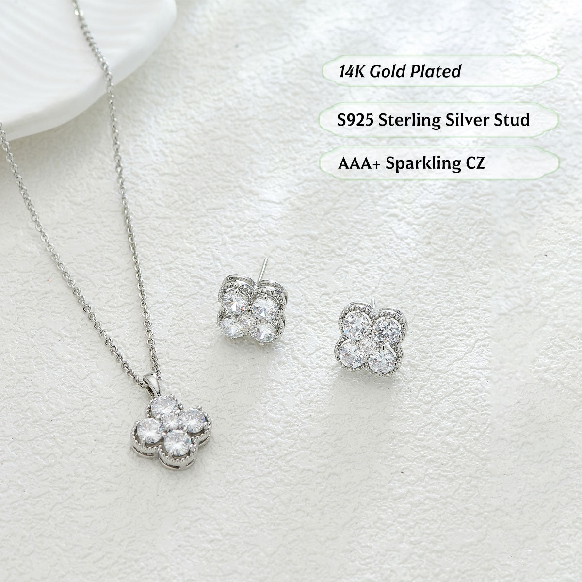 Clover Zircon Necklace and Earrings Set-Gold/Silver