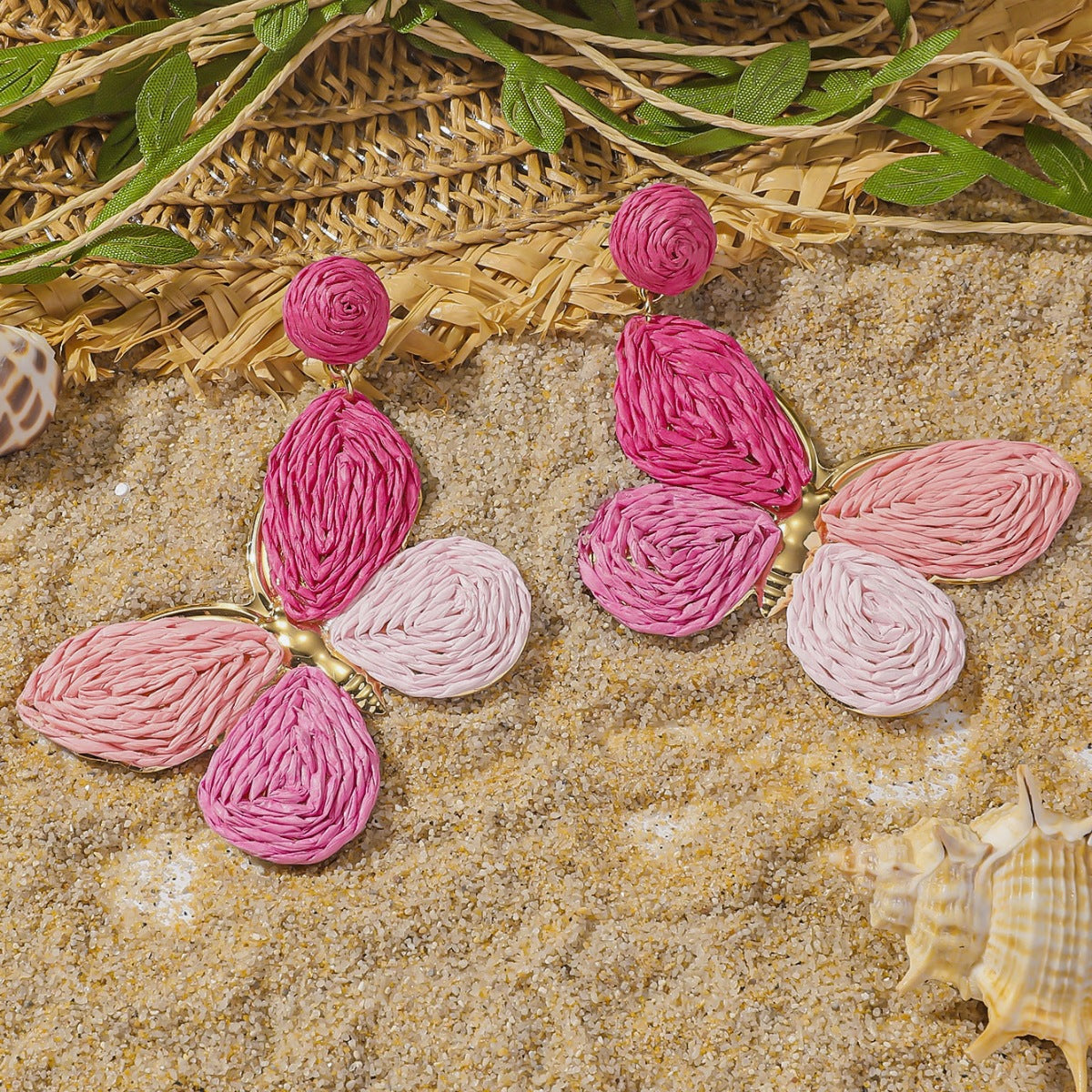 Raffia Colorful Butterfly Earrings, Gradient Ramp Raffia Straw Wrapped Statement Butterflies Handmade Earring for Women, Summer Mix Color Boho Dangle Tropical Beach Jewelry Gift