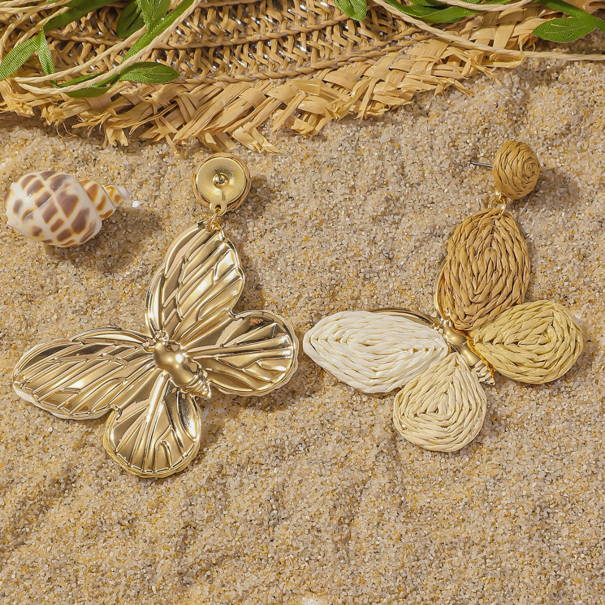 Raffia Colorful Butterfly Earrings, Gradient Ramp Raffia Straw Wrapped Statement Butterflies Handmade Earring for Women, Summer Mix Color Boho Dangle Tropical Beach Jewelry Gift
