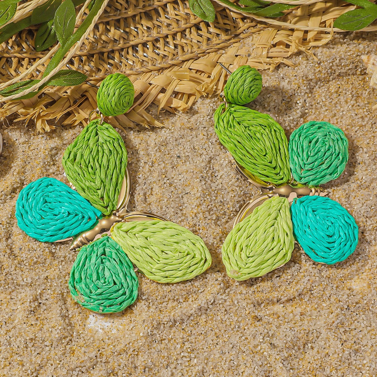 Raffia Colorful Butterfly Earrings, Gradient Ramp Raffia Straw Wrapped Statement Butterflies Handmade Earring for Women, Summer Mix Color Boho Dangle Tropical Beach Jewelry Gift