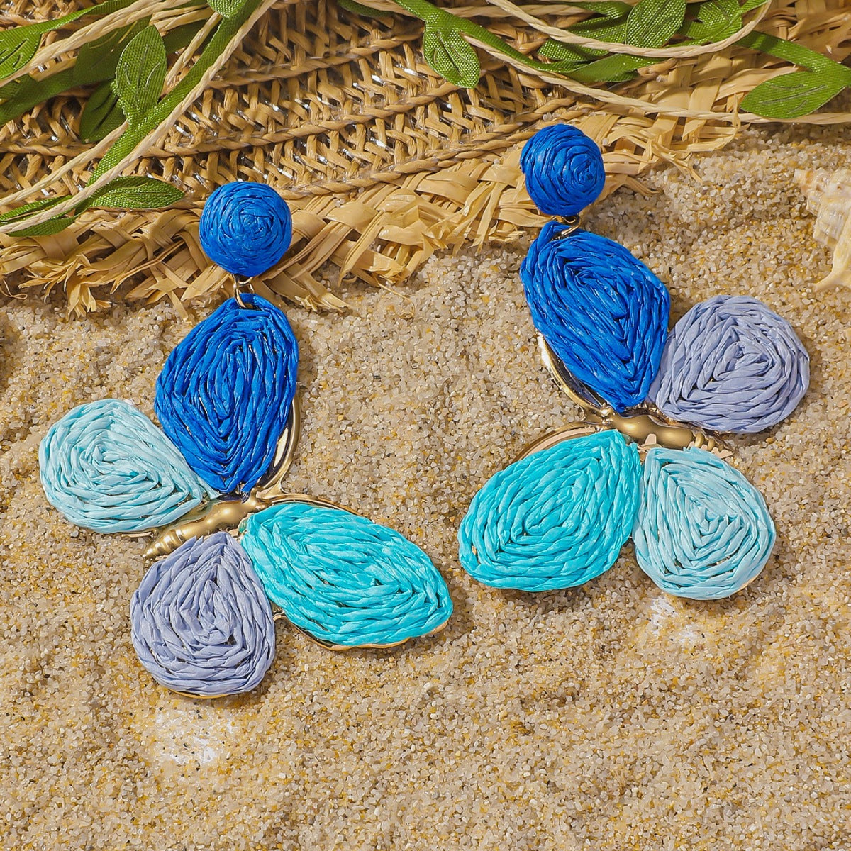 Raffia Colorful Butterfly Earrings, Gradient Ramp Raffia Straw Wrapped Statement Butterflies Handmade Earring for Women, Summer Mix Color Boho Dangle Tropical Beach Jewelry Gift