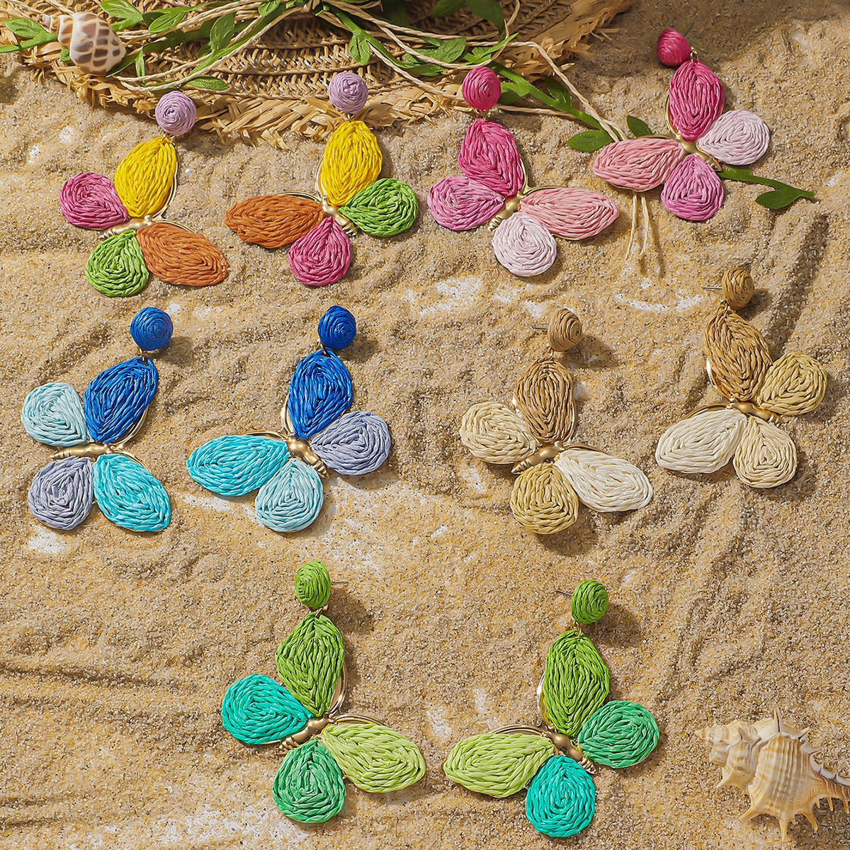 Raffia Colorful Butterfly Earrings, Gradient Ramp Raffia Straw Wrapped Statement Butterflies Handmade Earring for Women, Summer Mix Color Boho Dangle Tropical Beach Jewelry Gift
