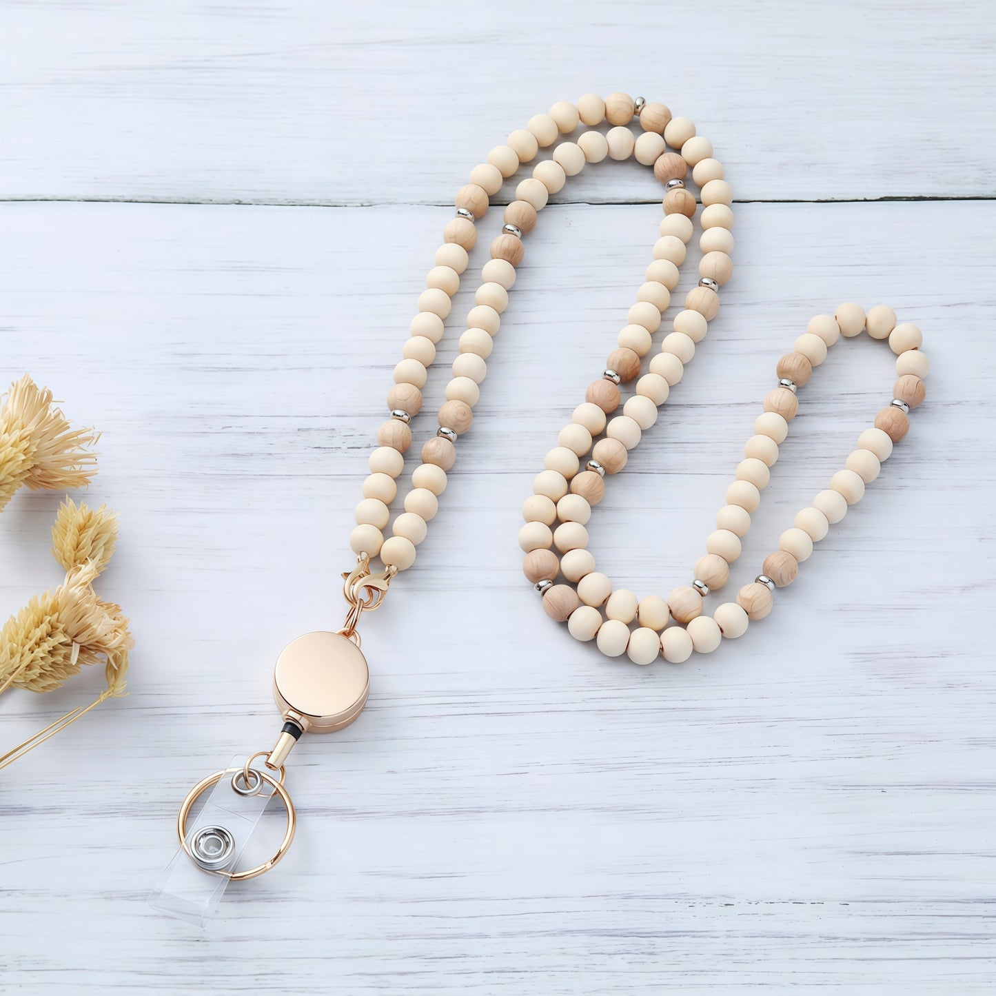 Retractable Wood Beaded Lanyards for Id Badges Holder, Teacher Breakaway Lanyard, Keychain Id Lanyard for Women