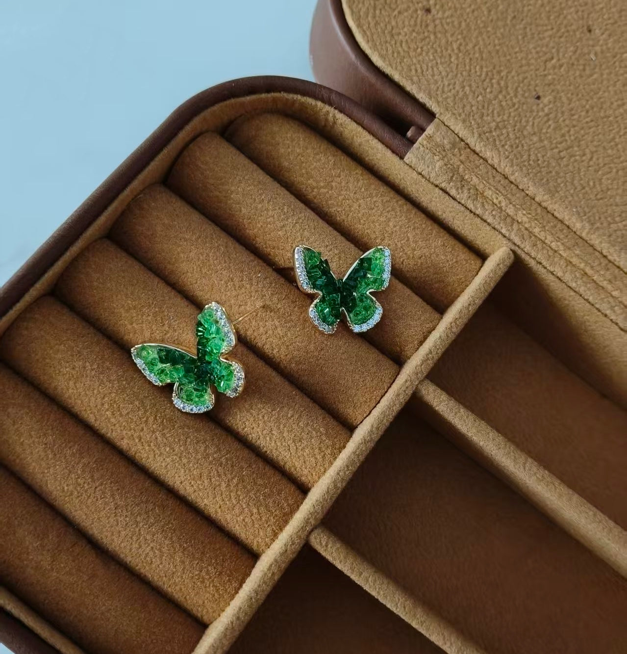 YEATMUE Crystal Butterfly Pendant Necklace and Earring Stud Set, Green Butterfly, 14K Gold Plated Brass Chain, Adjustable Length, Gold Necklace for Women