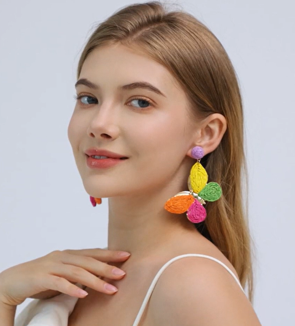 Raffia Colorful Butterfly Earrings, Gradient Ramp Raffia Straw Wrapped Statement Butterflies Handmade Earring for Women, Summer Mix Color Boho Dangle Tropical Beach Jewelry Gift