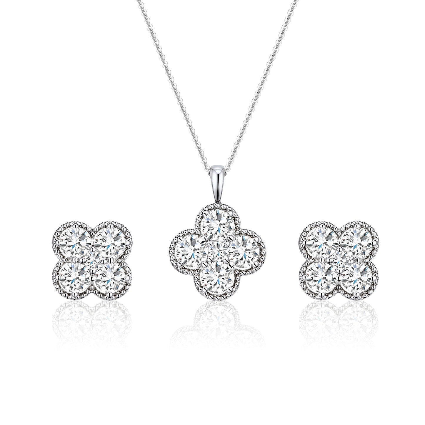 Clover Zircon Necklace and Earrings Set-Gold/Silver