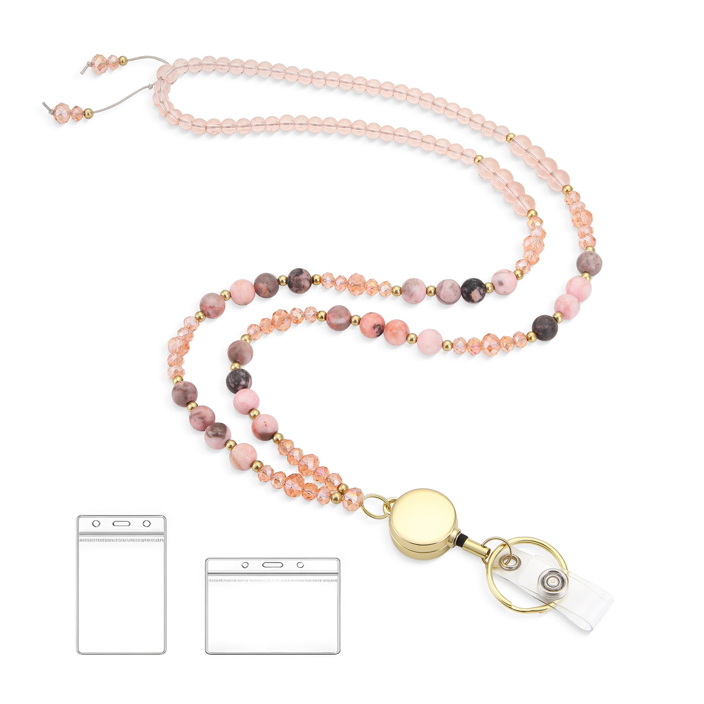 Lanyards for ID Badges and Keys, Retractable Cute Beaded Natural Stone Lanyard for Women, Bead Keychain for Teacher