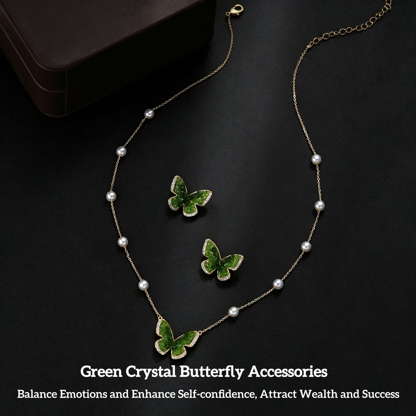 YEATMUE Crystal Butterfly Pendant Necklace and Earring Stud Set, Green Butterfly, 14K Gold Plated Brass Chain, Adjustable Length, Gold Necklace for Women