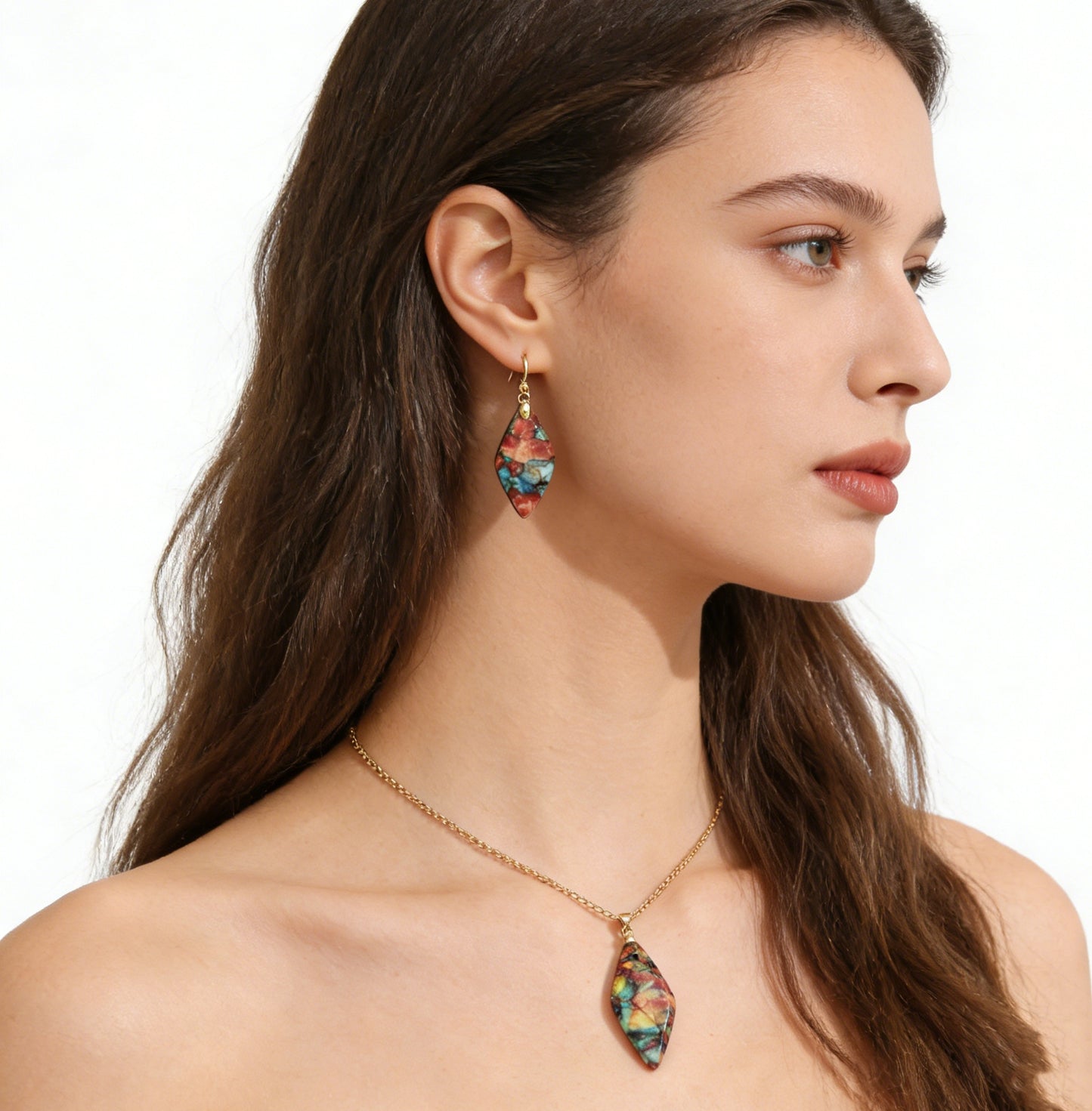 Natural Healing Stone Pendant Emperor Stone 18K Gold Plated Necklaces and Earrings Set for Women Friends, Sister, Mom, Natural stone Pendant Healing boho Friendship Jewelry Inspirational Gifts