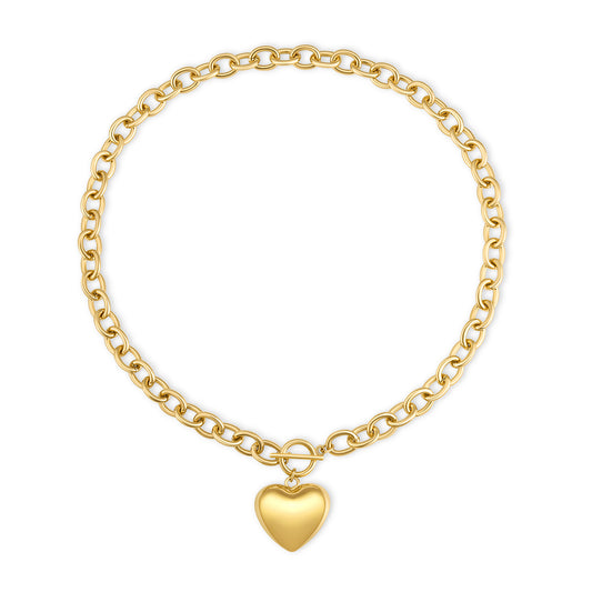 YEATMUE Large Chunky Gold Necklace with Heart Pendant for Women, Paperclip Choker Chain Puffy Heart Pendant Toggle Clasp Necklaces Thick Chain Jewelry Birthday