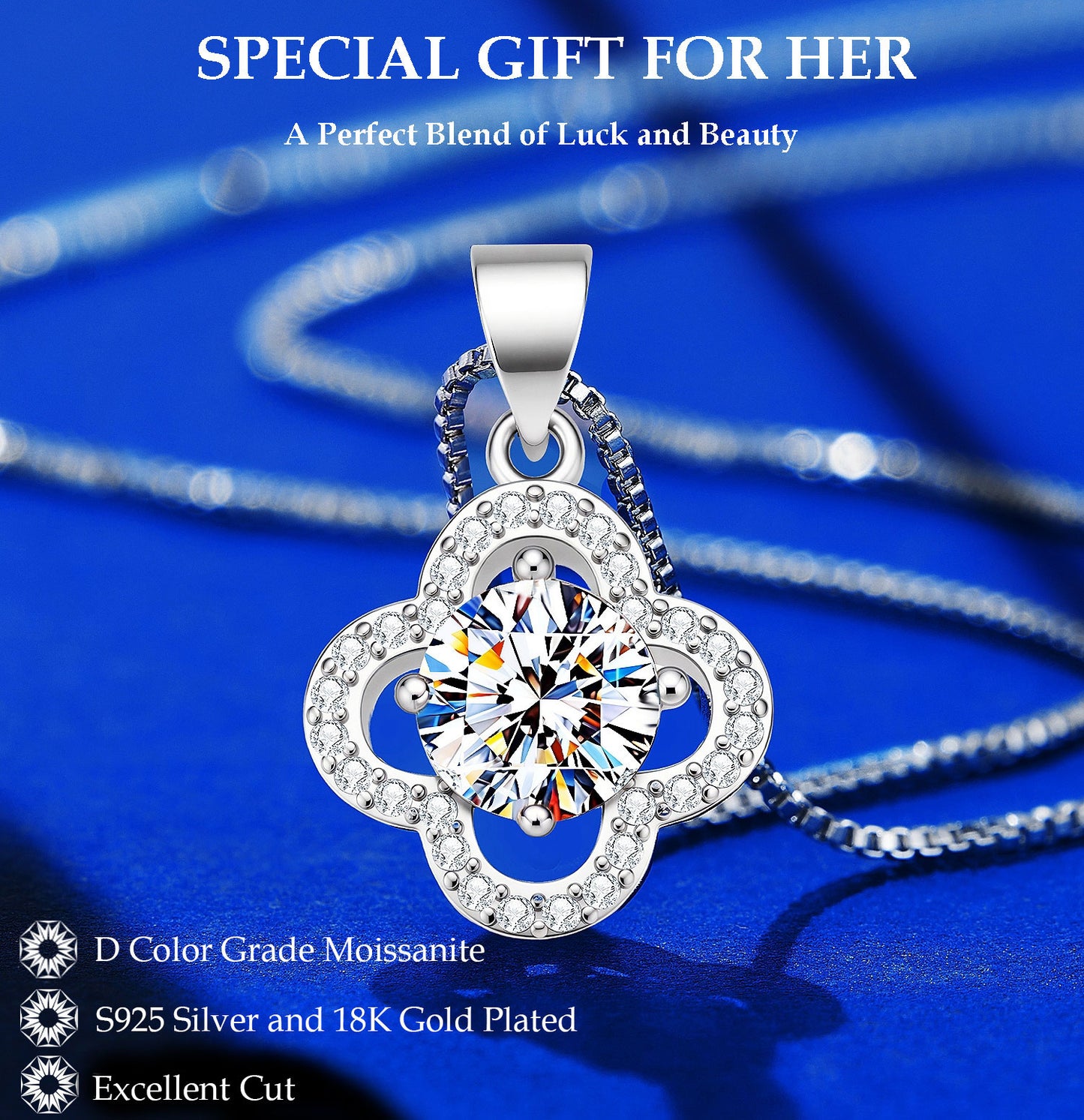 1 CT Moissanite Pendant Necklace 18K White Gold 925 Sterling Silver Plated Four Leaf Clover Pendant Necklace for Women Wife Mom