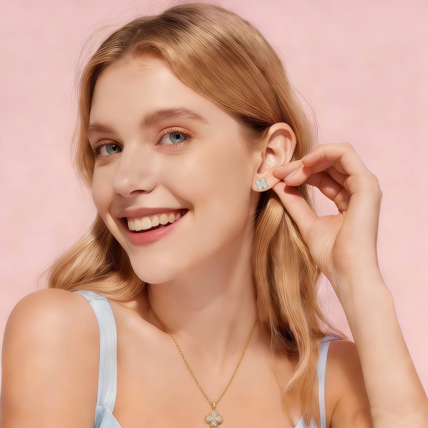Clover Zircon Necklace and Earrings Set-Gold/Silver