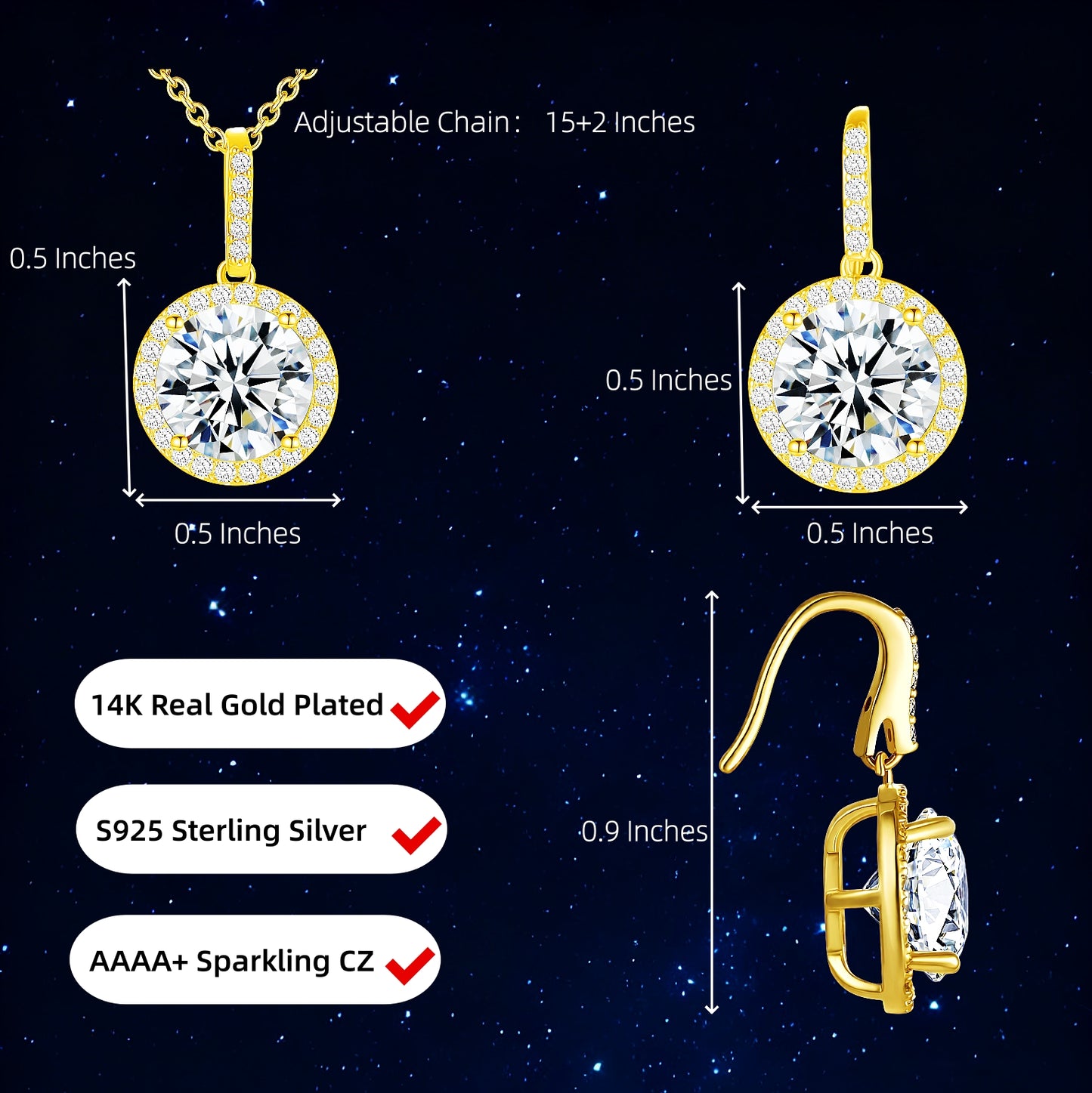 YEATMUE Sparkly Earrings Necklace 14K Real Gold Plated Jewelry Set For Women Bride Bridesmaids Bridal Wedding Party Prom Jewelry Birthday Gift