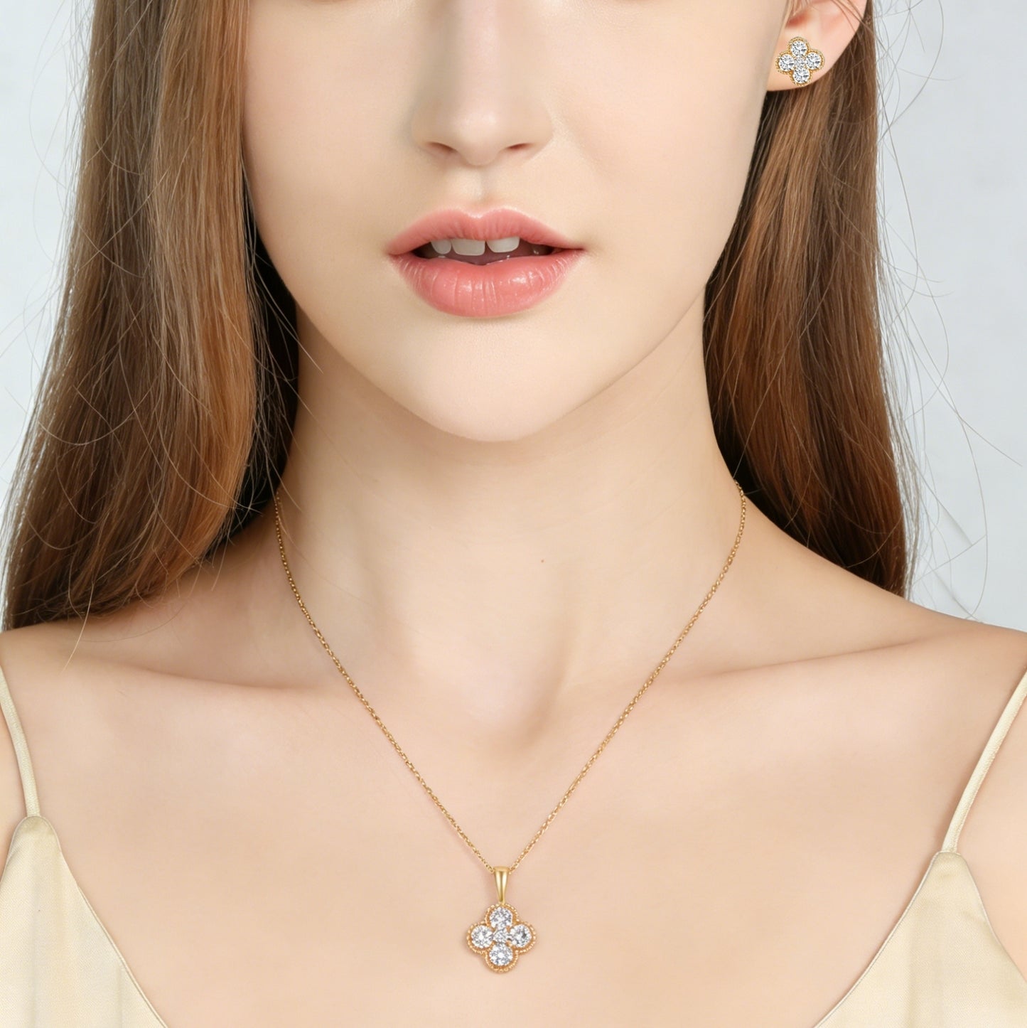 Clover Zircon Necklace and Earrings Set-Gold/Silver