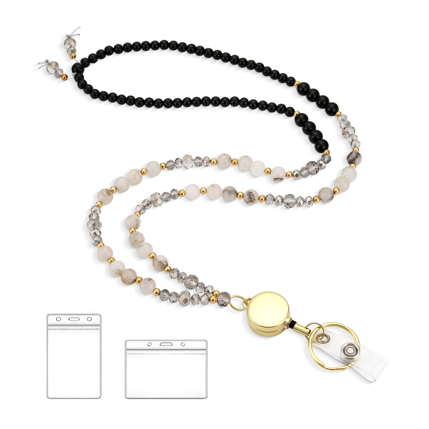 Lanyards for ID Badges and Keys, Retractable Cute Beaded Natural Stone Lanyard for Women, Bead Keychain for Teacher