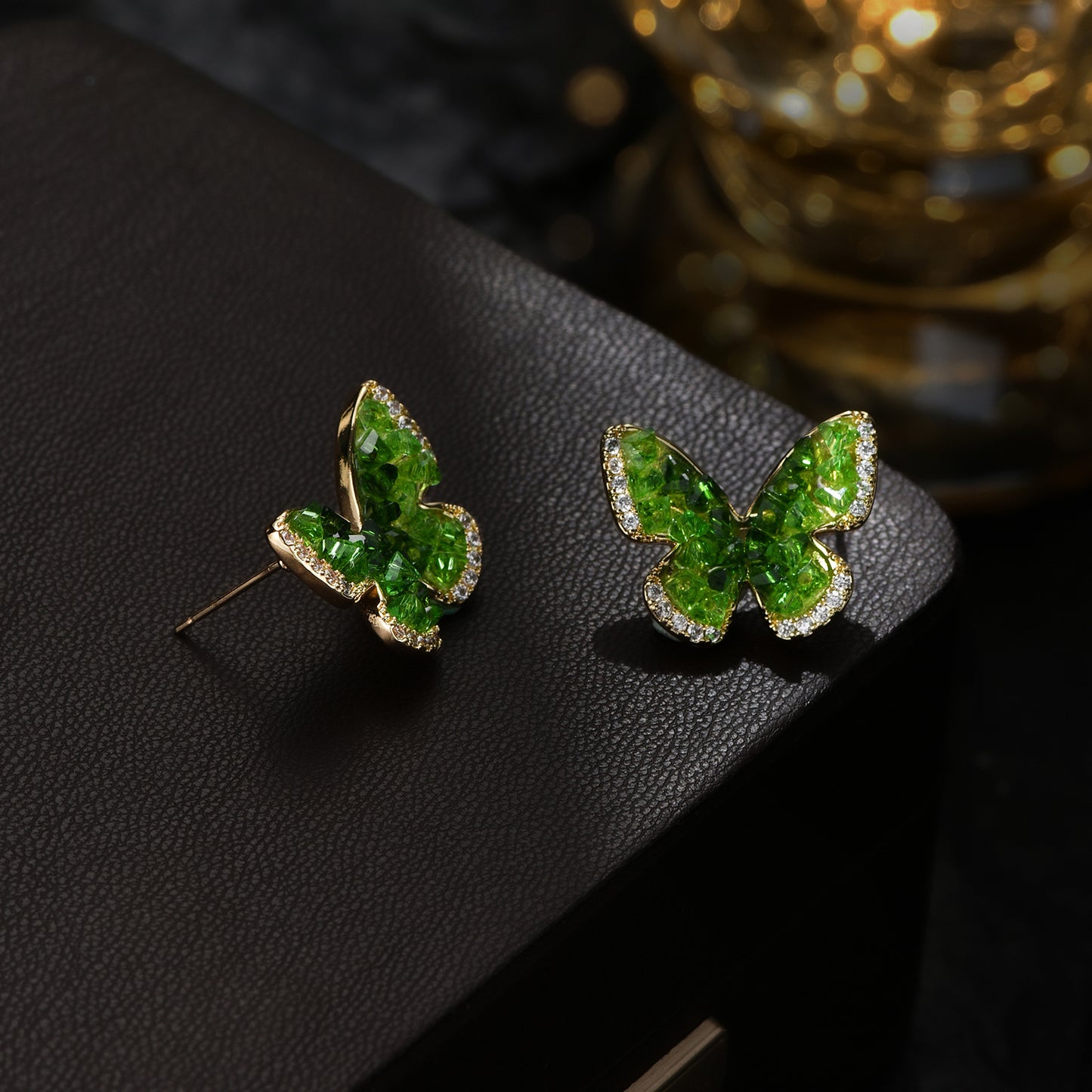 YEATMUE Crystal Butterfly Pendant Necklace and Earring Stud Set, Green Butterfly, 14K Gold Plated Brass Chain, Adjustable Length, Gold Necklace for Women