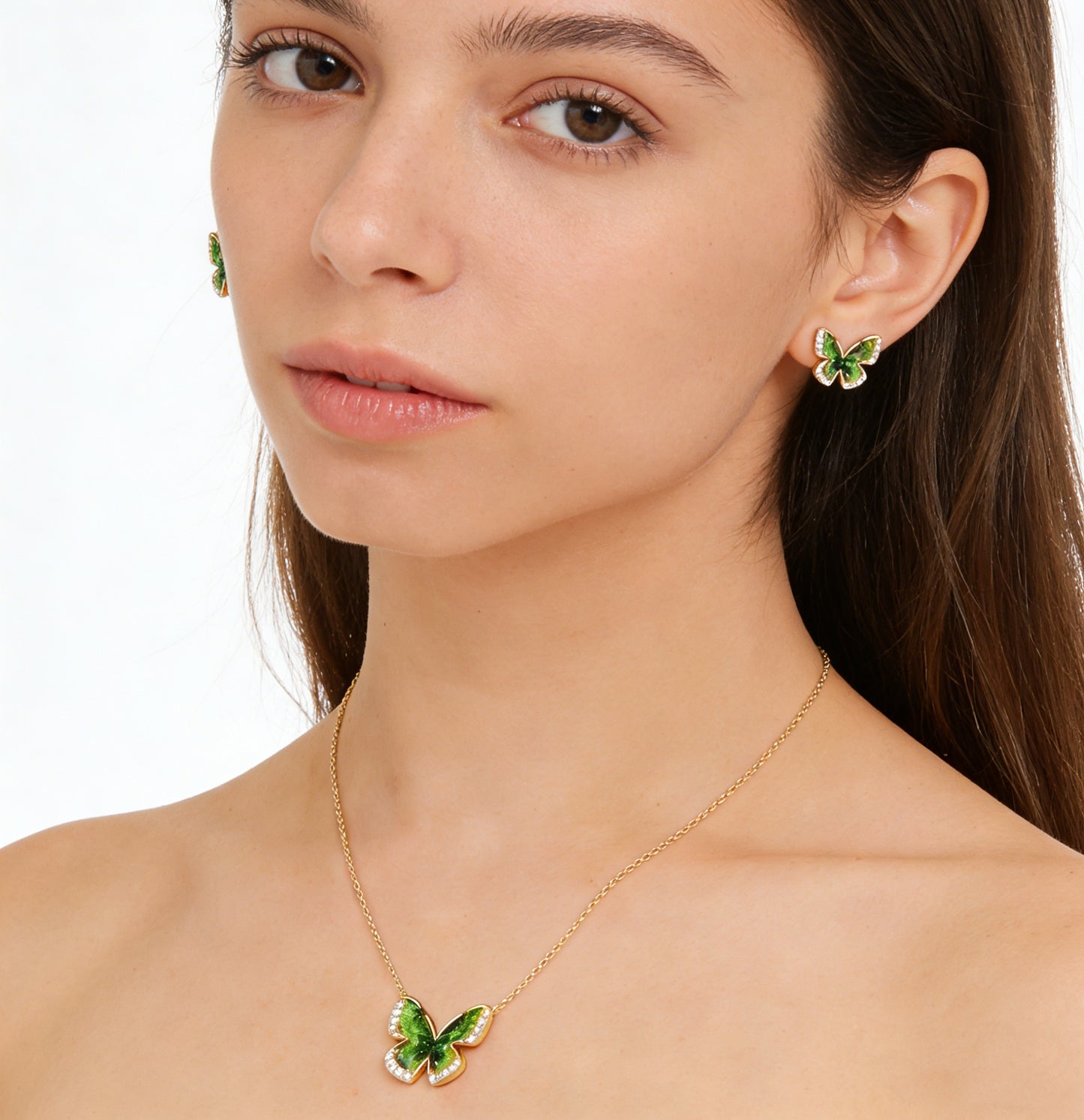 YEATMUE Crystal Butterfly Pendant Necklace and Earring Stud Set, Green Butterfly, 14K Gold Plated Brass Chain, Adjustable Length, Gold Necklace for Women