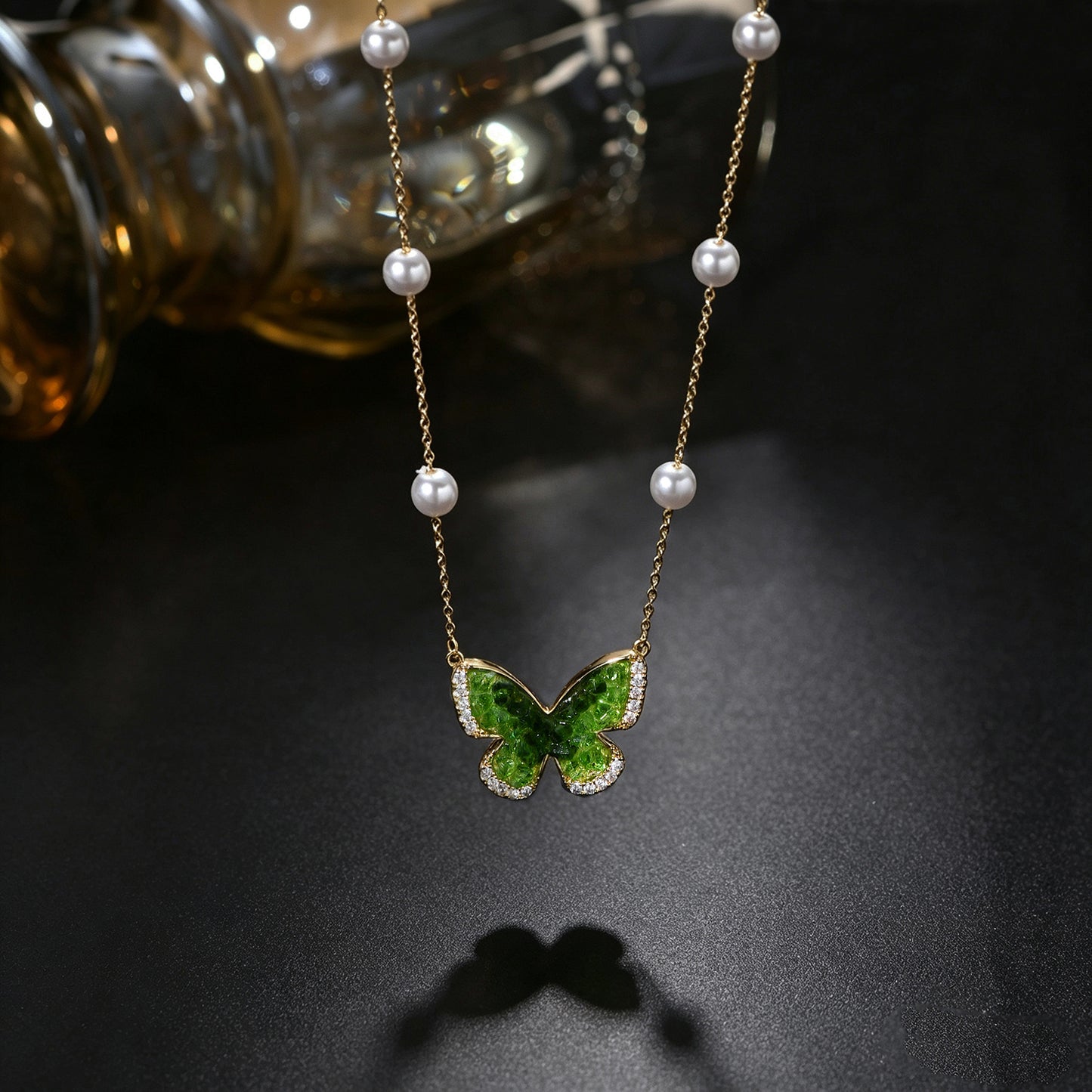 YEATMUE Crystal Butterfly Pendant Necklace and Earring Stud Set, Green Butterfly, 14K Gold Plated Brass Chain, Adjustable Length, Gold Necklace for Women