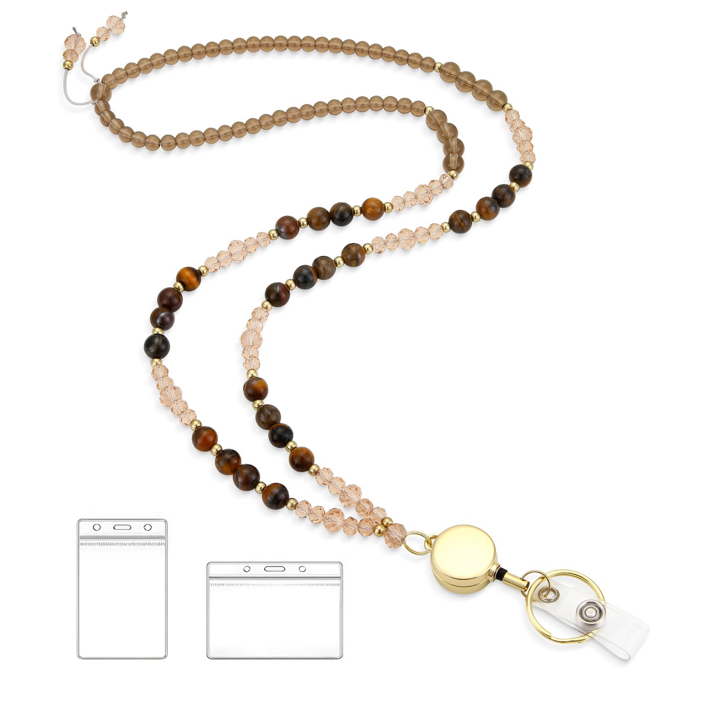 Lanyards for ID Badges and Keys, Retractable Cute Beaded Natural Stone Lanyard for Women, Bead Keychain for Teacher