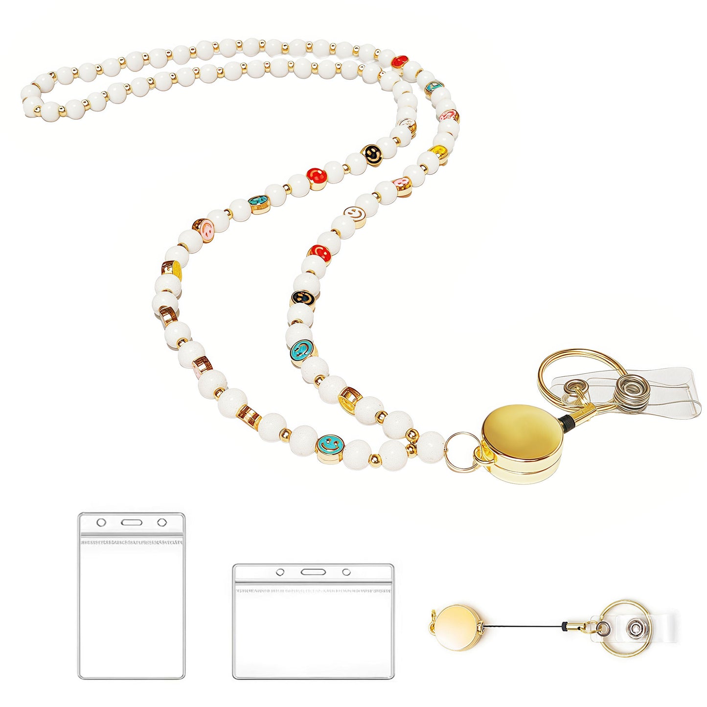 Retractable Wood Beaded Lanyards for Id Badges Holder, Teacher Breakaway Lanyard, Keychain Id Lanyard for Women