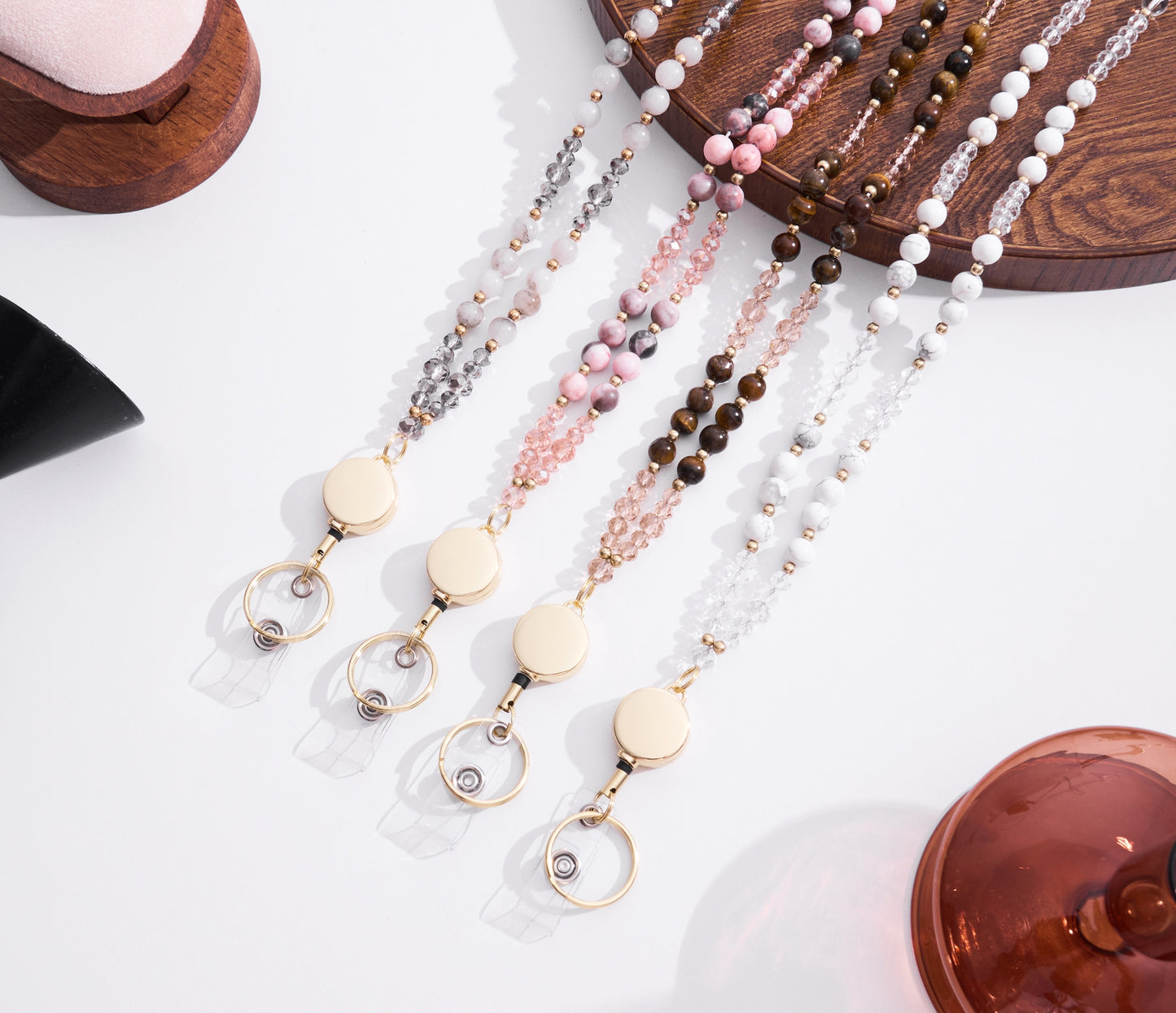 Lanyards for ID Badges and Keys, Retractable Cute Beaded Natural Stone Lanyard for Women, Bead Keychain for Teacher