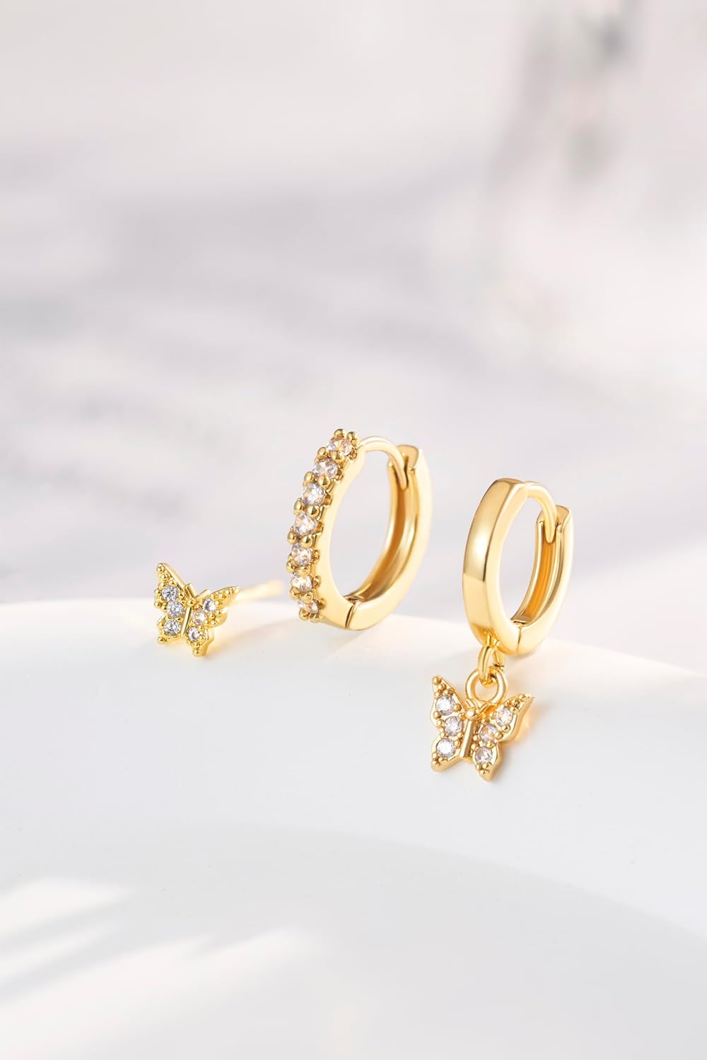 3 Pairs Butterfly Gold Hoop Earrings for Women, 14K Gold Plated Earring Set, Sparkly Butterfly Dangle Earrings Huggie Pack, Trendy Jewelry Gifts for Women Earrings