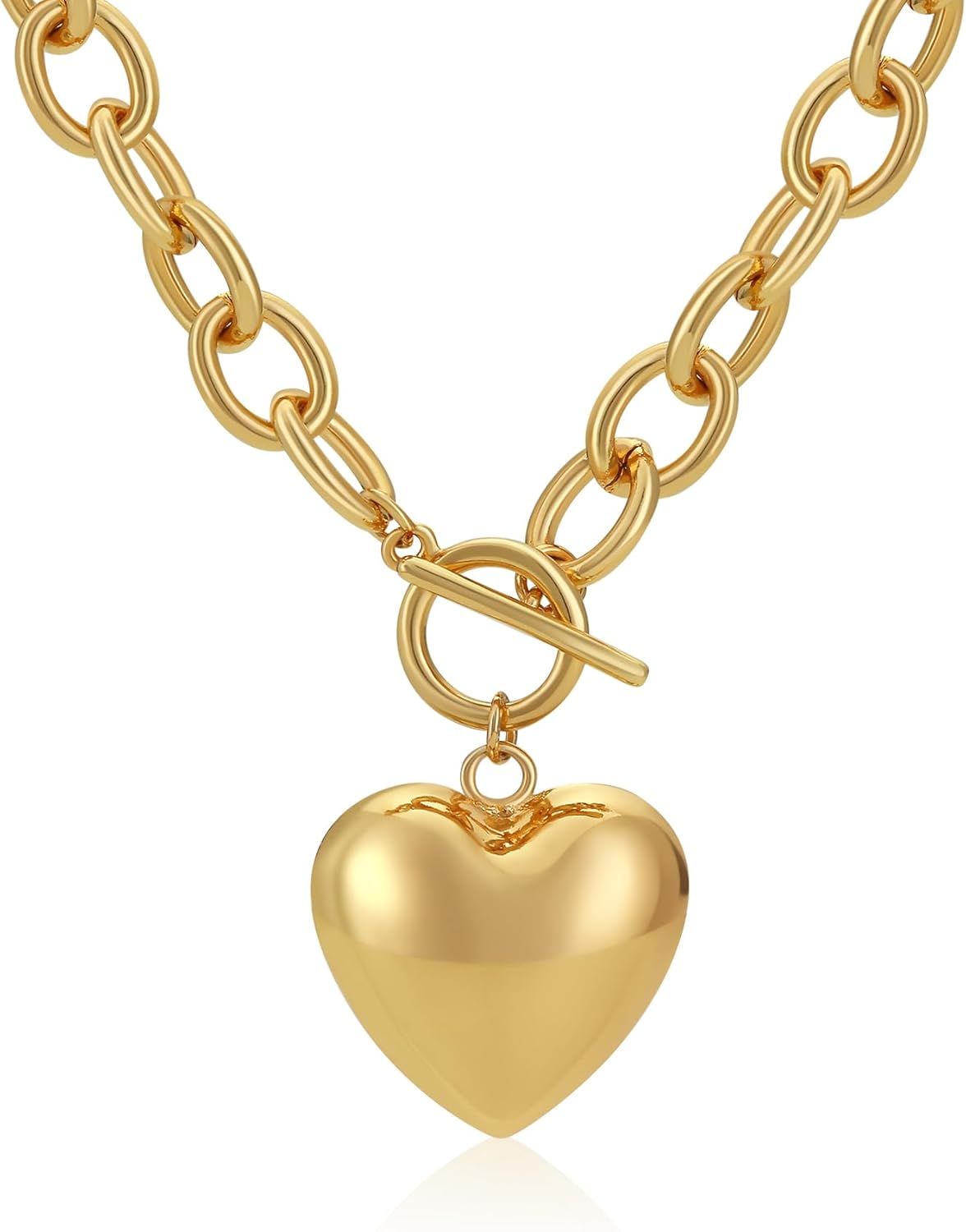 Chunky Paperclip Chain Heart Necklace for Women, Puffy Gold Heart Pendant Necklaces Gifts On Birthday Holidays for Women