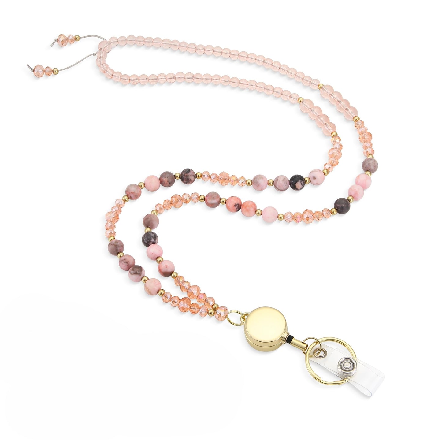 Lanyards for ID Badges and Keys, Retractable Cute Beaded Natural Stone Lanyard for Women, Bead Keychain for Teacher