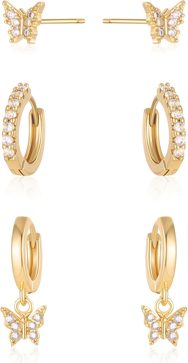3 Pairs Butterfly Gold Hoop Earrings for Women, 14K Gold Plated Earring Set, Sparkly Butterfly Dangle Earrings Huggie Pack, Trendy Jewelry Gifts for Women Earrings