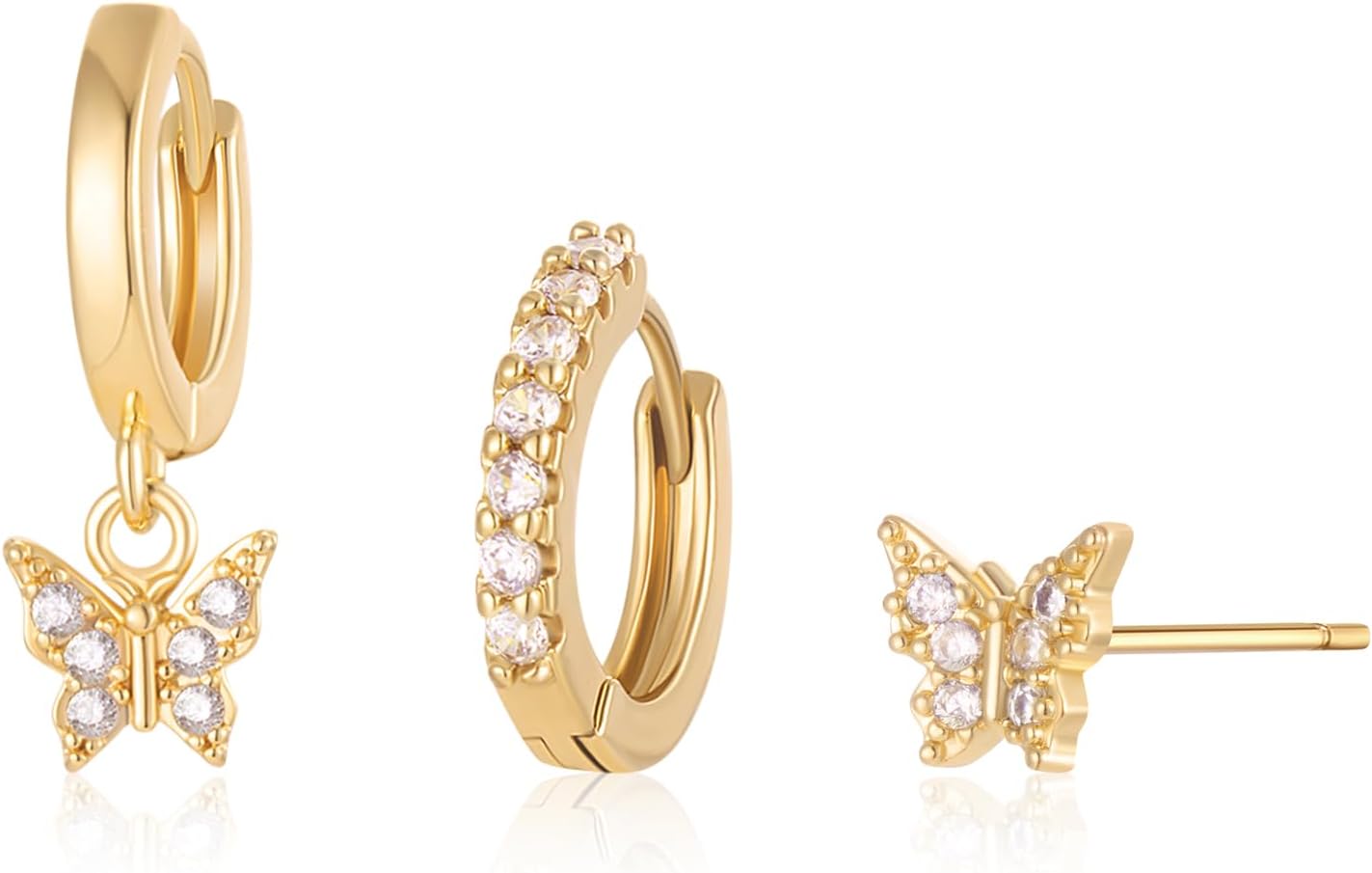 3 Pairs Butterfly Gold Hoop Earrings for Women, 14K Gold Plated Earring Set, Sparkly Butterfly Dangle Earrings Huggie Pack, Trendy Jewelry Gifts for Women Earrings