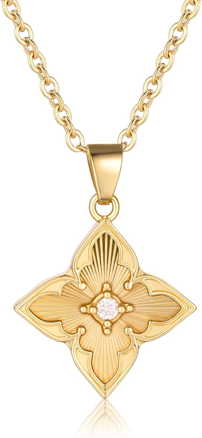 14K Gold Plated Gold Clover Necklace, Dainty Four Leaf Lucky Choker Charm Colorful Clover Adjustable Chain Shell Made Pendant Necklace for Women Jewelry