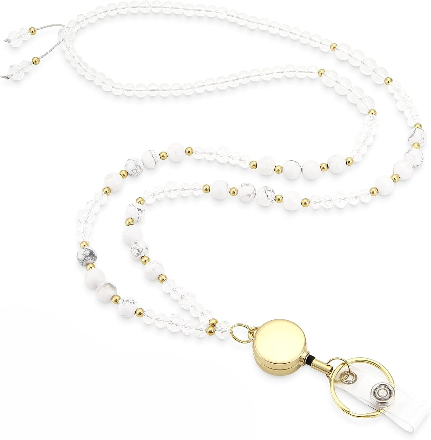 Lanyards for ID Badges and Keys, Retractable Cute Beaded Natural Stone Lanyard for Women, Bead Keychain for Teacher