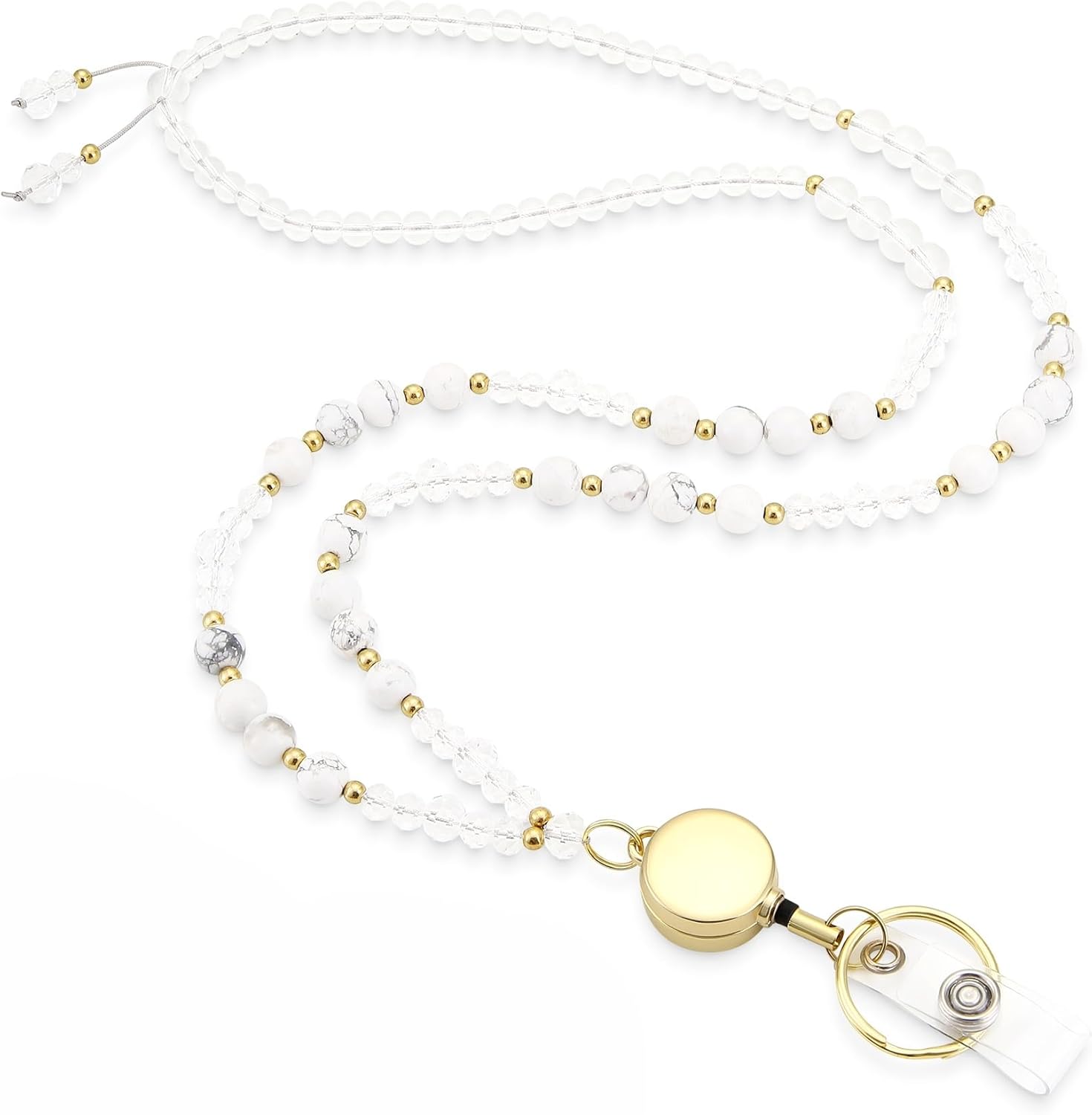 Lanyards for ID Badges and Keys, Retractable Cute Beaded Natural Stone Lanyard for Women, Bead Keychain for Teacher