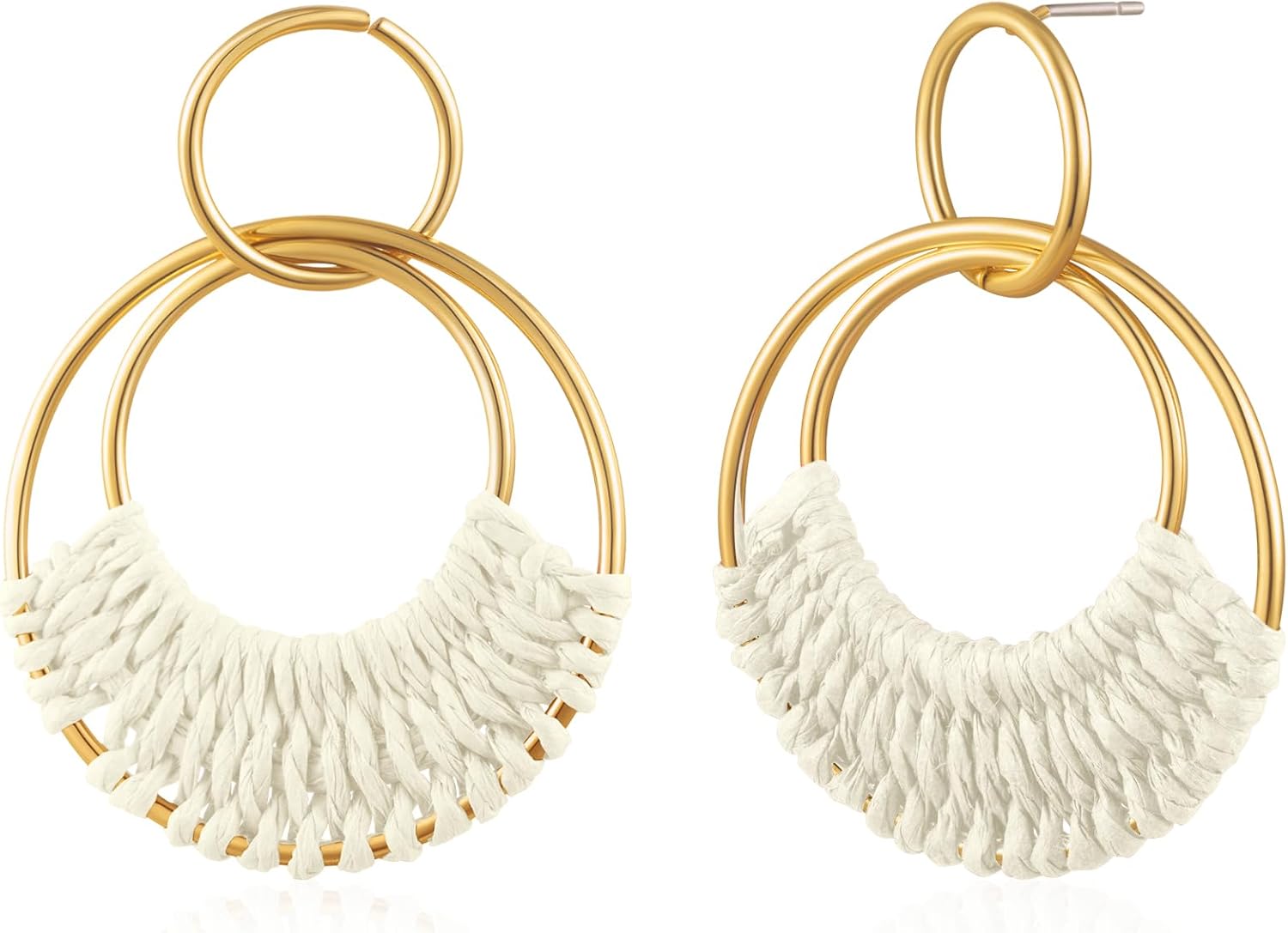 Summer Raffia Round Circle Earrings, Raffia Straw Wrapped Handmade Earring for Women, Boho Dangle Statement Tropical Beach Jewelry Gifts for Women