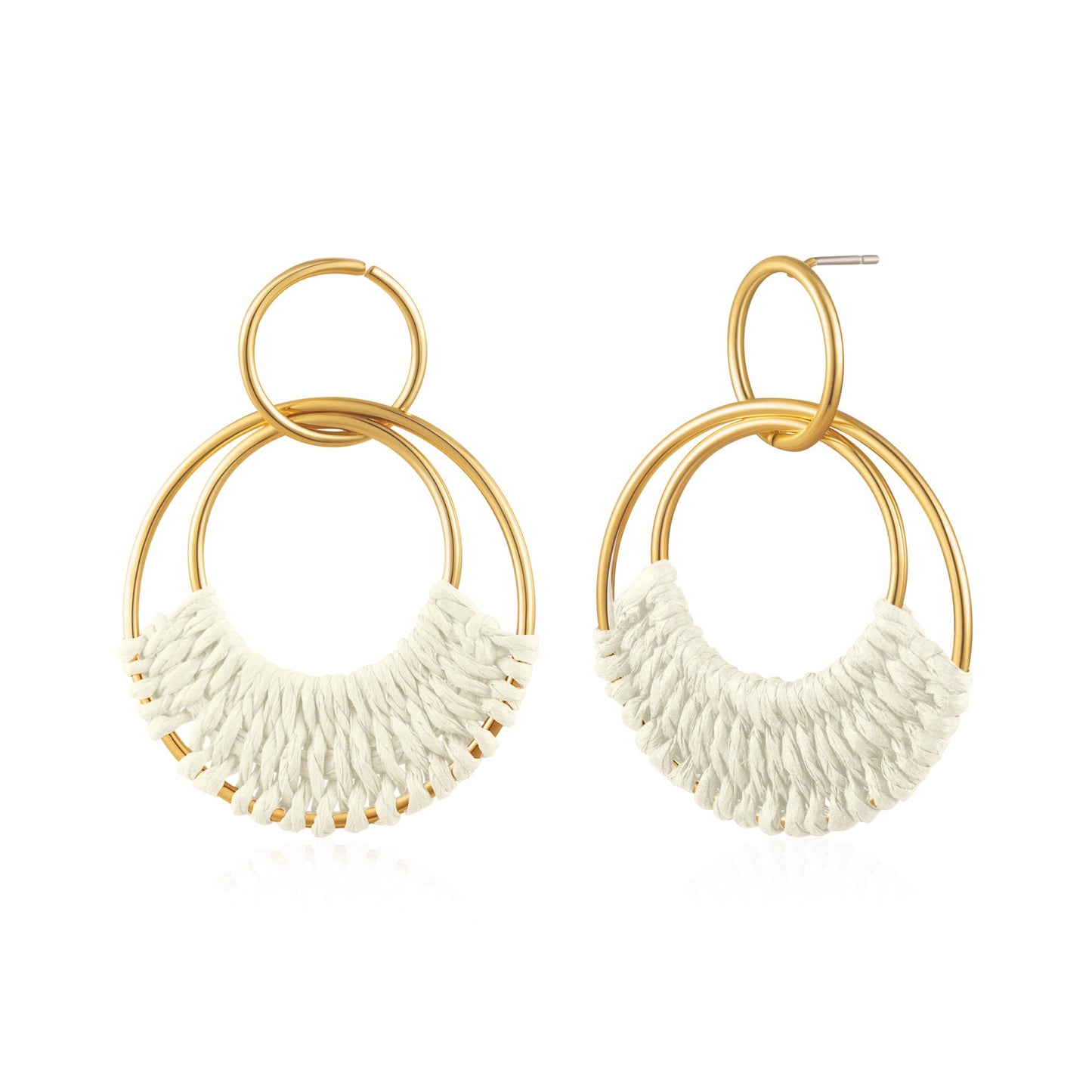 Summer Raffia Round Circle Earrings, Raffia Straw Wrapped Handmade Earring for Women, Boho Dangle Statement Tropical Beach Jewelry Gifts for Women