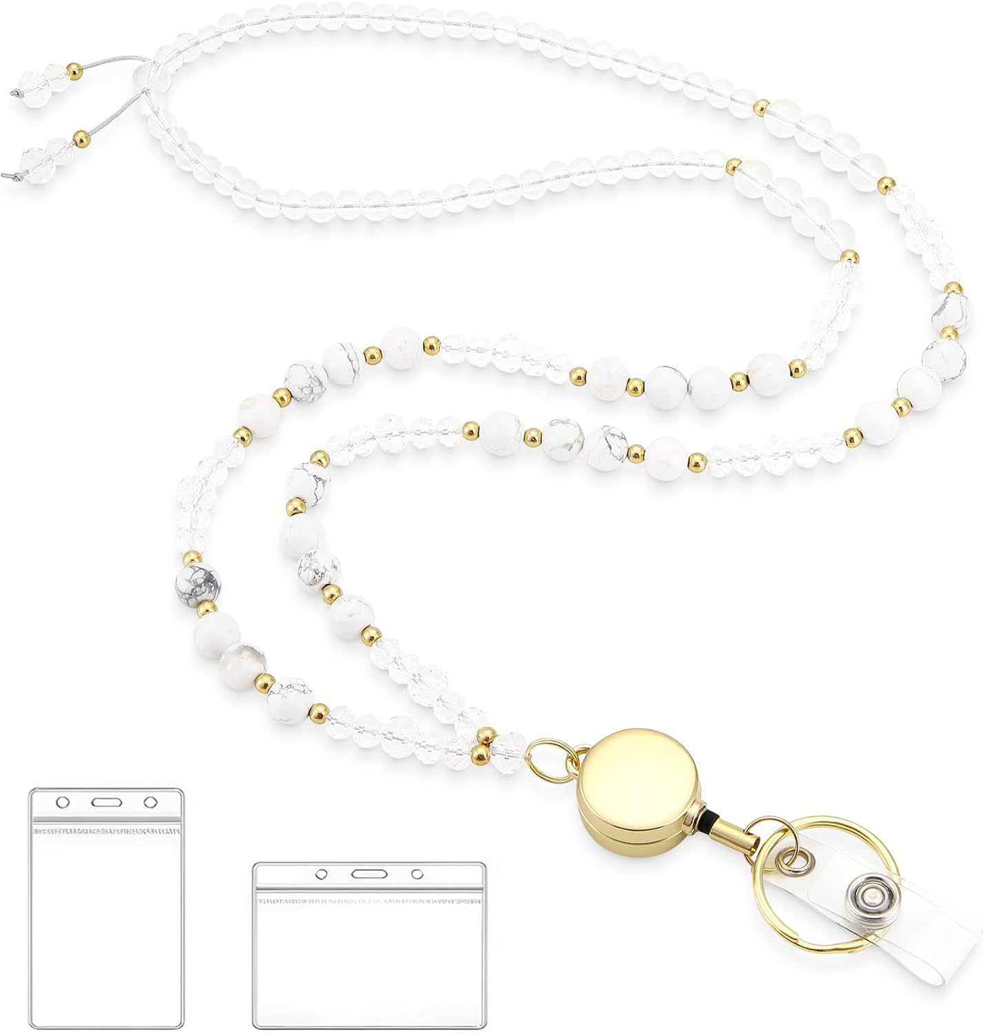 Lanyards for ID Badges and Keys, Retractable Cute Beaded Natural Stone Lanyard for Women, Bead Keychain for Teacher