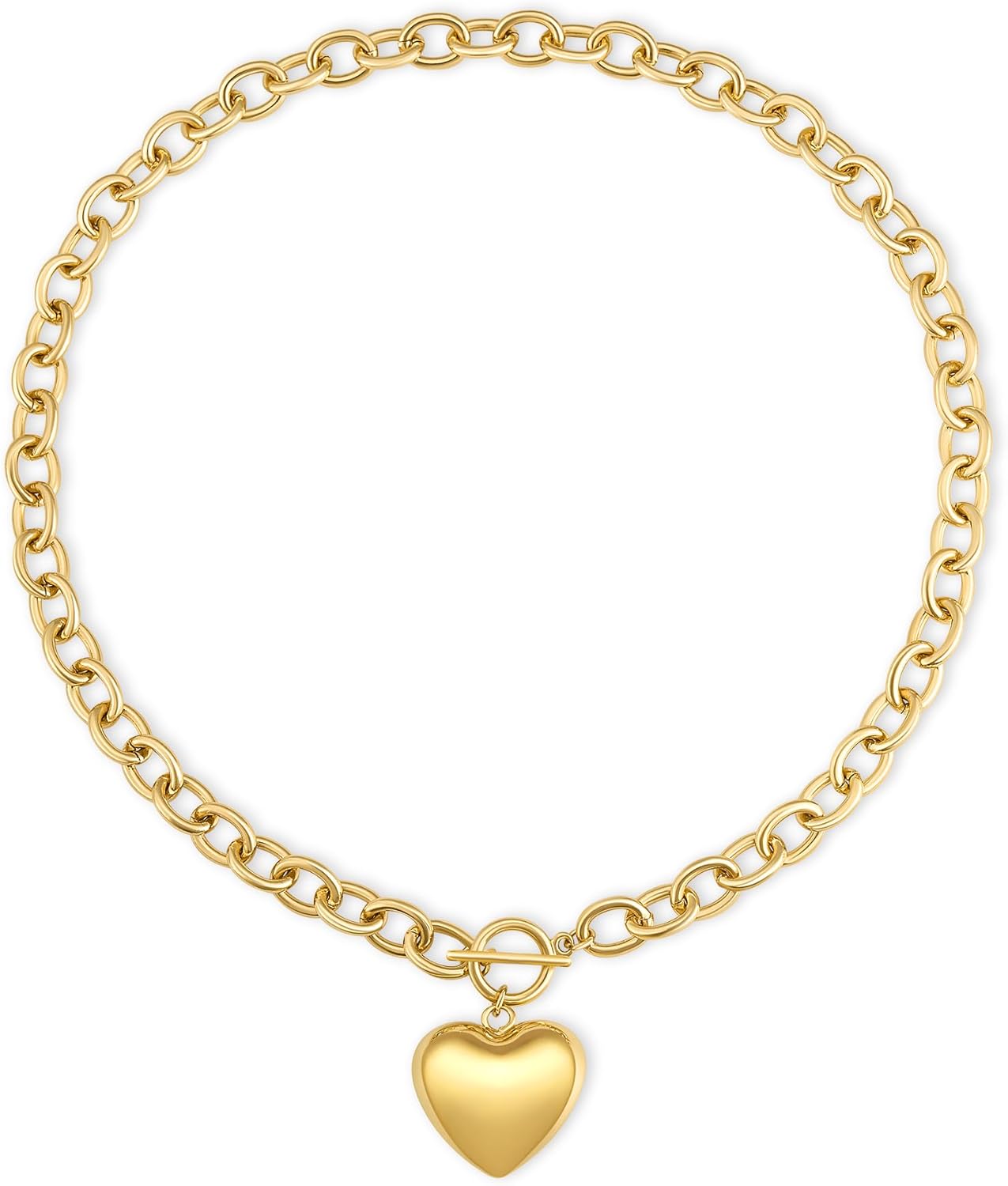 Large Chunky Gold Necklace with Heart Pendant for Women, Paperclip Choker Chain Puffy Heart Pendant Toggle Clasp Necklaces Thick Chain Jewelry Birthday