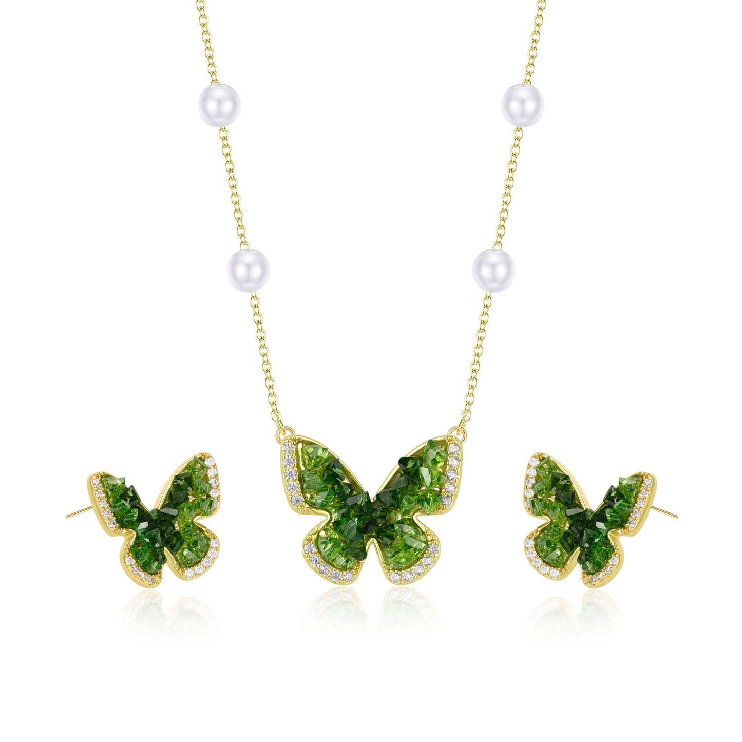 YEATMUE Crystal Butterfly Pendant Necklace and Earring Stud Set, Green Butterfly, 14K Gold Plated Brass Chain, Adjustable Length, Gold Necklace for Women