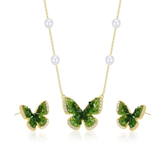 YEATMUE Crystal Butterfly Pendant Necklace and Earring Stud Set, Green Butterfly, 14K Gold Plated Brass Chain, Adjustable Length, Gold Necklace for Women