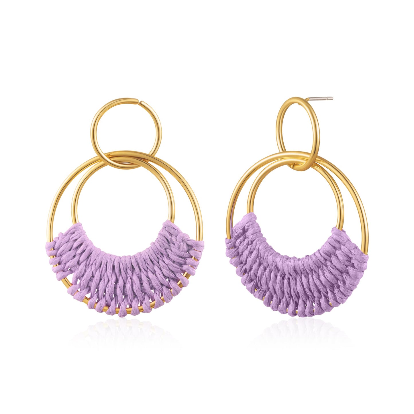 Summer Raffia Round Circle Earrings, Raffia Straw Wrapped Handmade Earring for Women, Boho Dangle Statement Tropical Beach Jewelry Gifts for Women