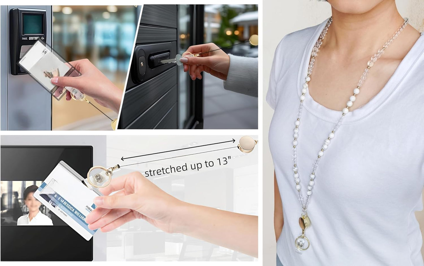 Lanyards for ID Badges and Keys, Retractable Cute Beaded Natural Stone Lanyard for Women, Bead Keychain for Teacher