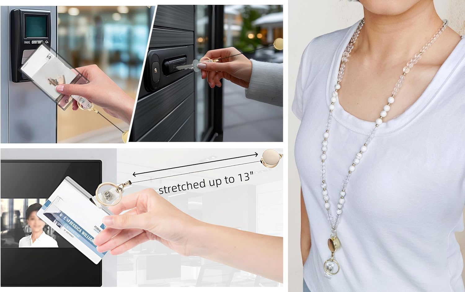 Lanyards for ID Badges and Keys, Retractable Cute Beaded Natural Stone Lanyard for Women, Bead Keychain for Teacher