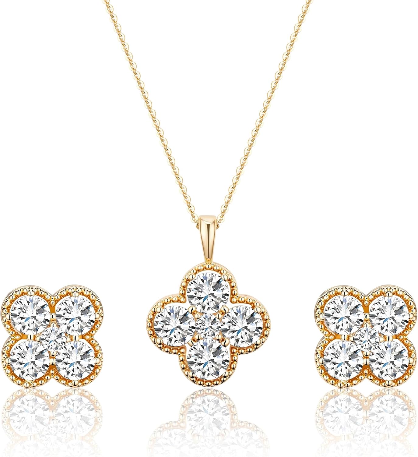 Clover Necklace and Stud Earrings Jewelry Set 14K Gold Plated Dainty Four Leaf Lucky Choker Charm Necklace Clover S925 Sterling Silver Stud with Gift Box Birthday Gifts for Women ﻿