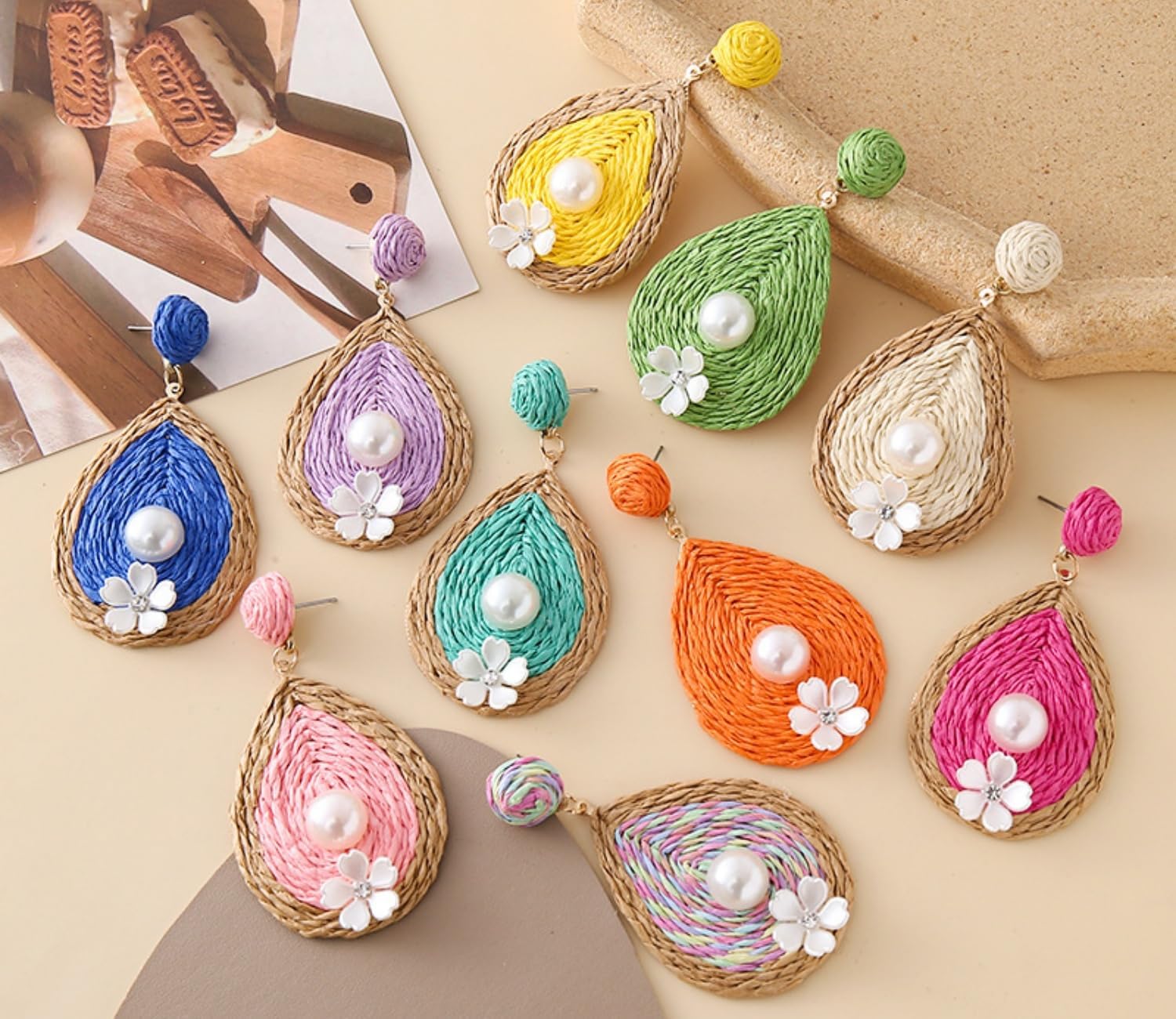 Elegant Water Drop Pearl Earrings with Small Flower, Raffia Straw Wrapped Handmade Bobo Earring for Women, Beach Drop Dangle Statement Jewelry Gifts for Women