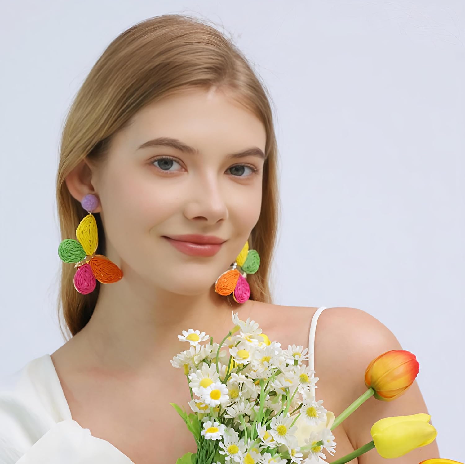 Raffia Colorful Butterfly Earrings, Gradient Ramp Raffia Straw Wrapped Statement Butterflies Handmade Earring for Women, Summer Mix Color Boho Dangle Tropical Beach Jewelry Gift