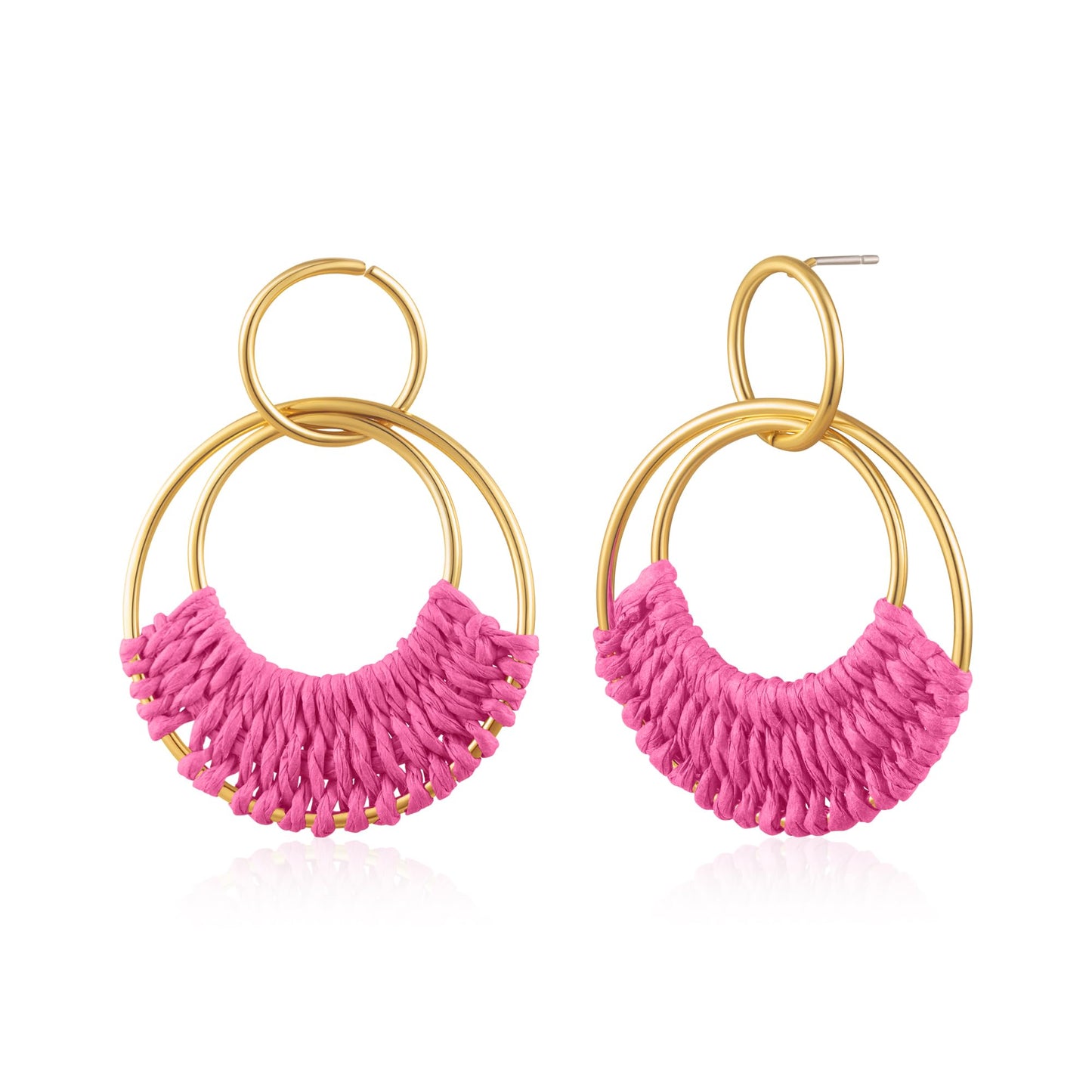 Summer Raffia Round Circle Earrings, Raffia Straw Wrapped Handmade Earring for Women, Boho Dangle Statement Tropical Beach Jewelry Gifts for Women